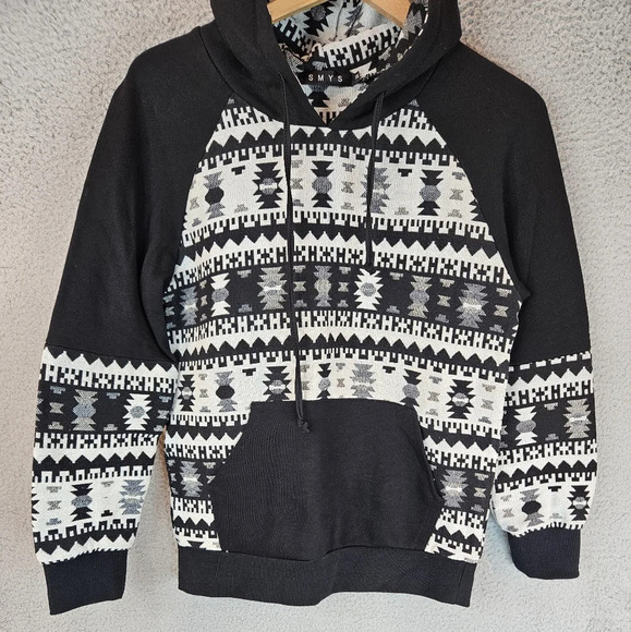 SMYS Womens Hooded Sweatshirt Sz M Aztec Western Rodeo Cowgirl Black & White - Picture 4 of 11